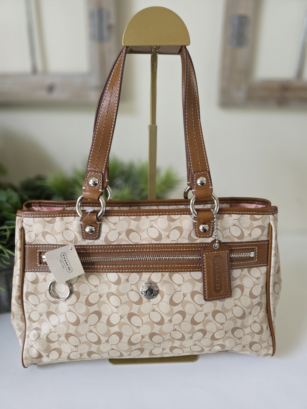 Coach Chelsea Bias Tote Signature C Khaki Tan Coated Canvas Leather Trim-NWT - Picture 12 of 12
